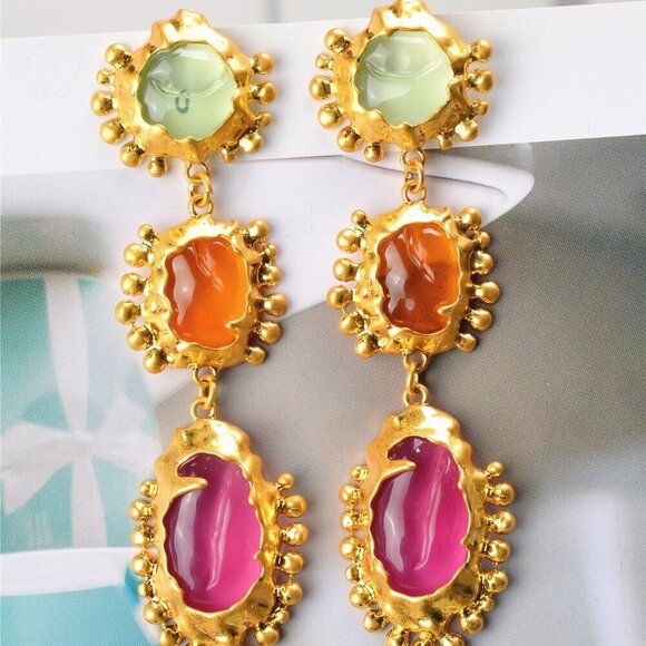 Yellow Gold Vintage Women's Geo Asymmetrical Metal & Acrylic Pendant Earrings - Picture 1 of 4